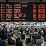 Airport departures board showing multiple flights marked DELAYED in red, with travelers and luggage in a busy US terminal